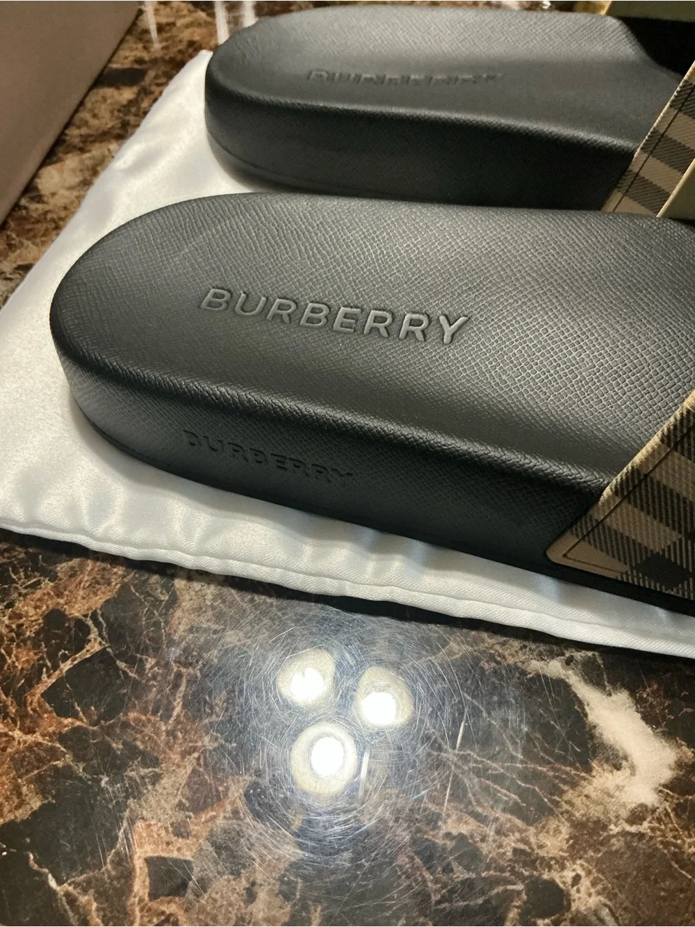 Burberry Tan Check Slide Sandals with Black Footbed